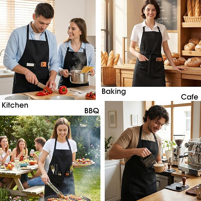 BOHARERS 2 Pack Cooking Kitchen Aprons with 2 pockets Unisex Adjustable Chef Apron for Women Men