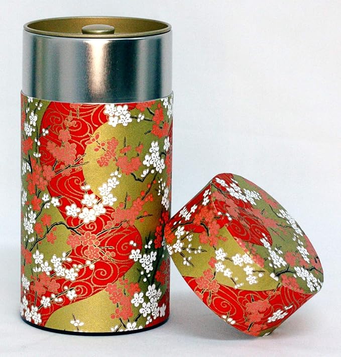 Washi Paper Tea Tin Canister: Long 7oz (200g) Plum-Blossoms with Sunrise Glow (#48), Japan