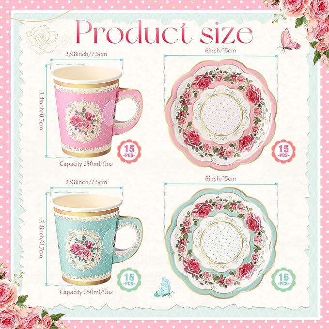 Domensi 60 Pieces Tea Party Decorations Include 30 Pcs 9 oz Paper Cups with Handle and 30 Pcs Tea Party Paper Plates Disposable Blossom Teacups and Saucers for wedding Favors(Assorted Style)