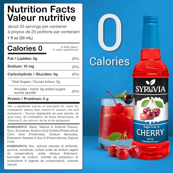 Syruvia Sugar-Free Cherry Syrup, Flavored Syrup for Drinks, Cocktails, Lemonades, Iced Teas, and Desserts – 25.4 fl oz, With Pump - Image 2