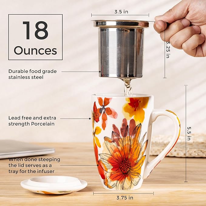 GBhome Tea Mug with Infuser and Lid, 18 Ounce Large Ceramic Loose Leaf Cup, Microwave, Dishwasher Safe, Perfect for Tea Lovers