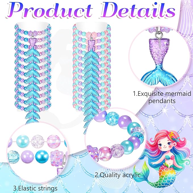 Ecally 24 Pcs Mermaid Party Favors Mermaid Beaded Bracelet Bulk Ocean Party Supplies Costume Jewelry Princess Birthday Classroom Prize Gifts Cute Toddlers Little Girls