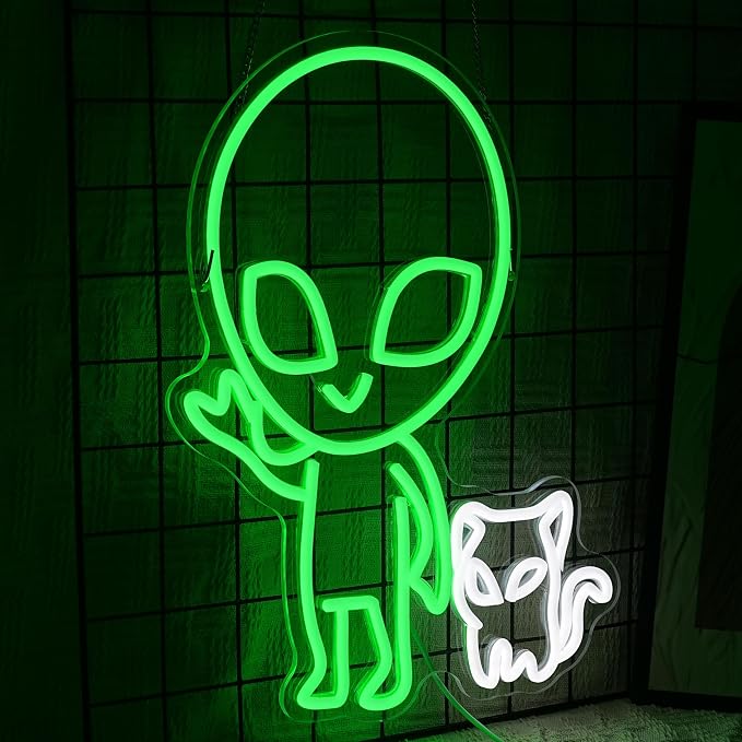 Alien Cat Neon Sign Dimmable Weird Alien Neon Light Wall Decor 5V USB Powered Cute Cat LED Light Sign for Bedroom Living Room Game Room Man Cave Bar Party Cafe Boys Girls Gift(16.5 * 12.6In) - Image 2