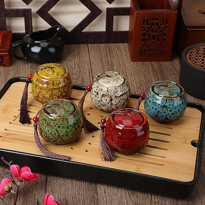 5Pcs Mini Tea Storage Containers Vintage Chinese Style Tea Leaves Sealing Can Portable Ceramic Tea for Coffee Candy Chocolate Sugar Spices (random color)