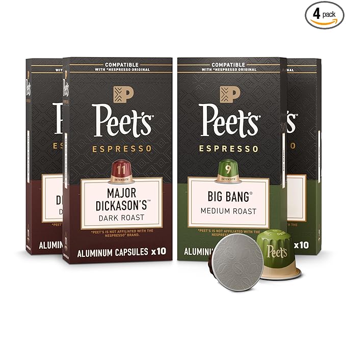 Peet's Coffee, Dark and Medium Roast Signature Blend Espresso Capsules, Compatible with Nespresso Original Machines, 100% Arabica Coffee - Variety Pack 40 Count (4 Boxes of 10 Espresso Capsules)