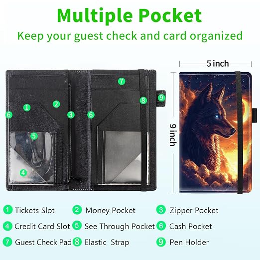 Server Books for Waitress, 5x9 Inch Waitstaff Server Order Pads, 11 Large Pockets, Cute PU Leather Waitress Book Server Wallet with Elastic Band Fit Server Apron,Wolf at Moonlit Night - Image 3