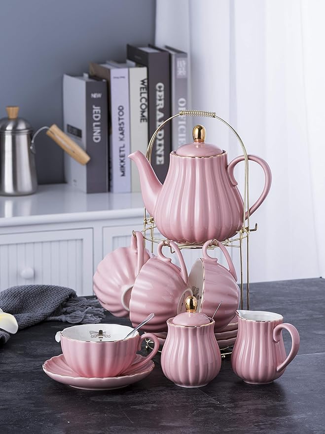 Jusalpha Fine China Pink Coffee Cup/Teacup Set, 7 OZ Cups& Saucer Service for 4, with Teapot-Sugar Bowl-Cream Pitcher Teaspoons and tea strainer for Tea/Coffee, 17-Pieces (TW Full set)