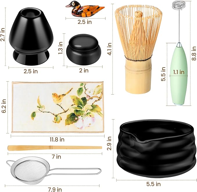 Matcha Whisk Set and Bowl, Matcha Making Kit Whisk, Bowl With Spout, Sifter, Ceramic Whisk Holder, Spoon Japanese Tea Powder Starter Tools For Ceremony Gift (Black, 9 Pack)