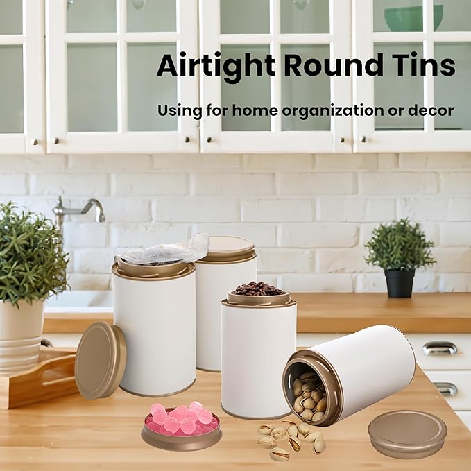 6 Pack Tea Tins Canister for Loose Tea, 23 Fl OZ Airtight Round Tin with Lid, Large Metal Tea Storage Jars, White Kitchen Containers for Travel Business Coffee Sugar Candy Spices Herbs