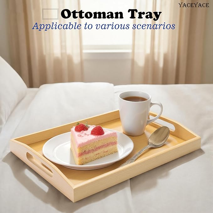 Serving Tray for Ottoman, 13.7"x8.6"x2" Small Bamboo Serving Tray with Handles, Trays for Ottoman, Coffe Table, Dining, Drink, Home Decor