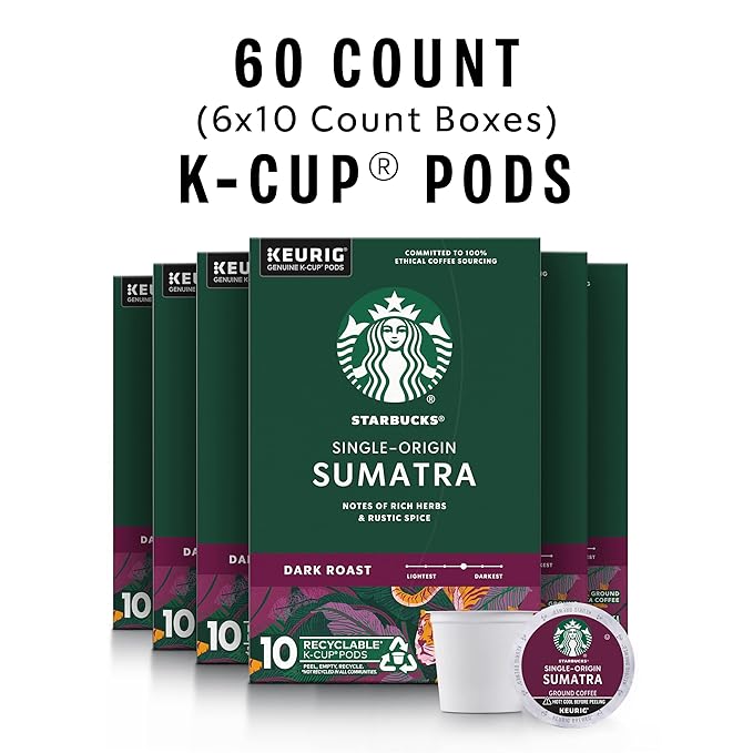 Starbucks K-Cup Coffee Pods, Dark Roast Coffee, Sumatra for Keurig Brewers, 100% Arabica, 6 boxes (60 pods total)