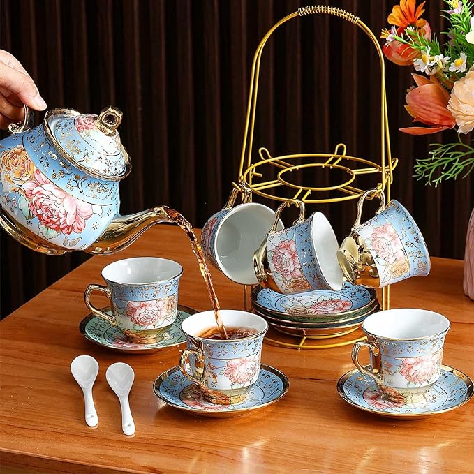 Zhehao 20 Pcs Porcelain Tea Set with Metal Holder and Spoon Adult Ceramic Tea Set European Flower Painting Teapot Cup Saucer Spoon for Women, Large Version (Simplicity Style)