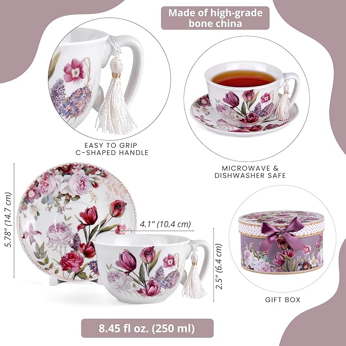 STP GOODS Bone China Tea/Coffee Cup and Saucer in Gift Box Fine Bone China Coffee Cup with Saucer Tea Cup and Saucer Set of One (Flowers 300ml)