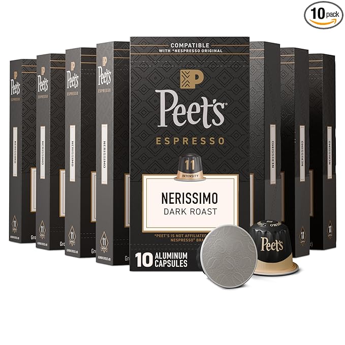 Peet's Coffee, Dark Roast Espresso Capsules, Compatible with Nespresso Original Machine, 100% Arabica Coffee - Nerissimo Intensity 11, 100 Count (10 Boxes of 10 Espresso Capsules)