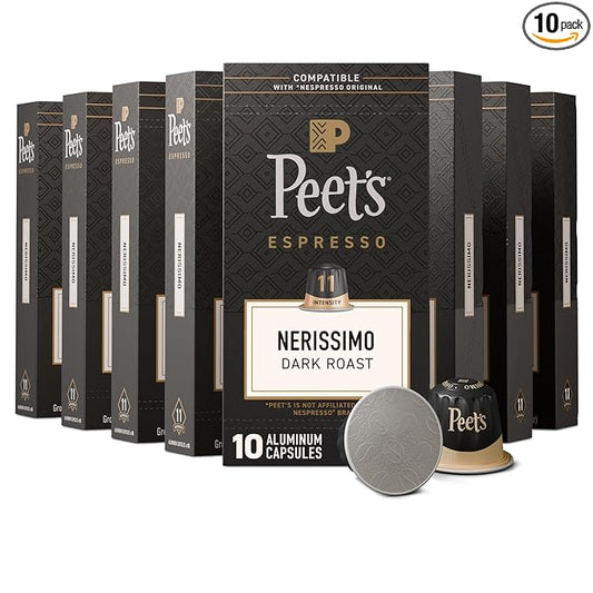 Peet's Coffee, Dark Roast Espresso Capsules, Compatible with Nespresso Original Machine, 100% Arabica Coffee - Nerissimo Intensity 11, 100 Count (10 Boxes of 10 Espresso Capsules)