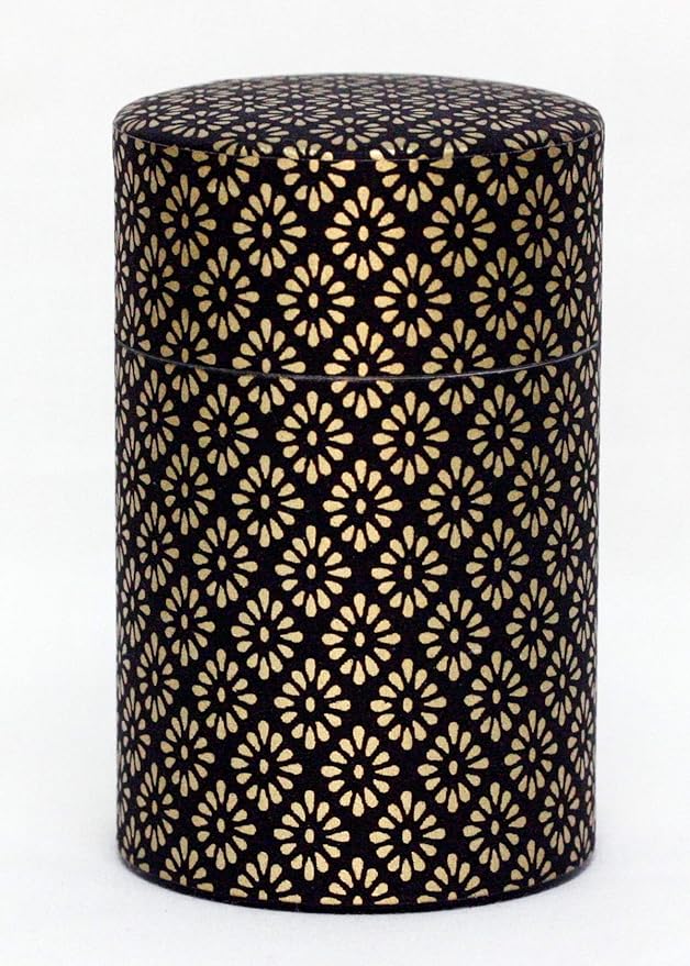Washi Paper Tea Tin Canister: Long 3.5oz (100g) Black and Gold Chrysanthemum Indicum (#74), Japan