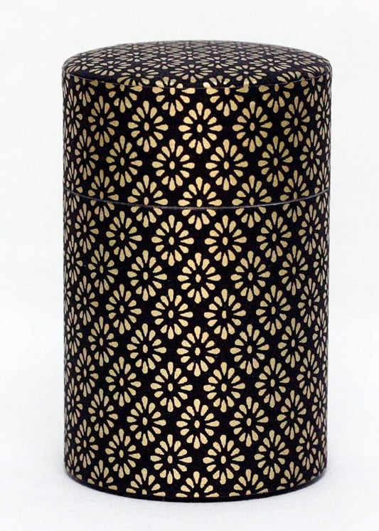 Washi Paper Tea Tin Canister: Long 3.5oz (100g) Black and Gold Chrysanthemum Indicum (#74), Japan