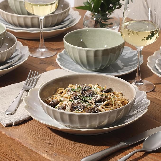 Gibson Elite Malibu Shore 16 Piece Scallop Stoneware Reactive Glaze (Service for 4) Ceramic Plates and Bowls Dinnerware Set - Assorted Color (Shiny Cream White, Blue, Cream, Terracotta)