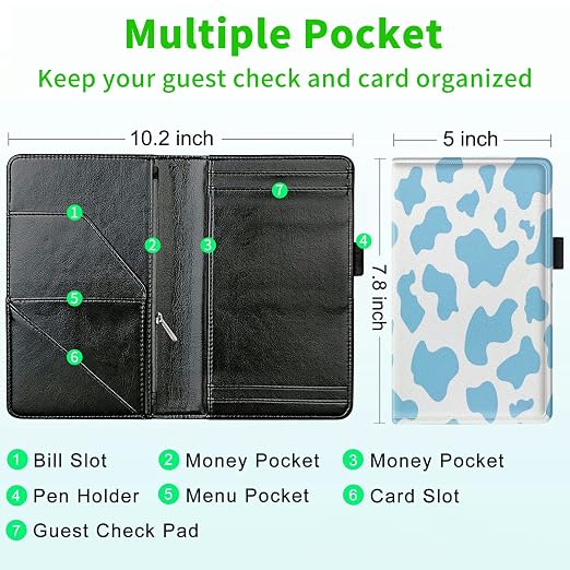 Server Books for Waitress, with 7 Large Pockets, Waiter Serving Book, Waitstaff Server Order Pads, Cute PU Leather Server Book with Pen Holder Fit Server Apron, Blue Cow Prints - Image 3