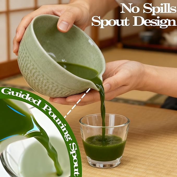 Matcha Bowl with Spout, Traditional Ceramic Matcha Tea Bowl Japanese Ceremonial Chawan for Whisking Mixing & Daily Use, 18oz/500ml Green