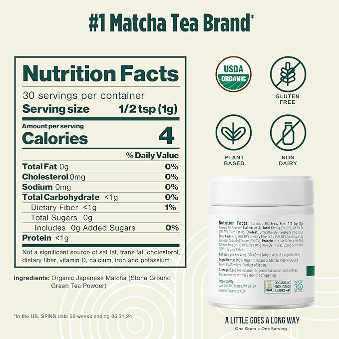 Jade Leaf Matcha Organic Ceremonial Grade Matcha Green Tea Powder - 100% Pure Japanese First Harvest Green Tea for Ceremonies, Usucha, Lattes 30g / 1.06 Ounce Tin (Pack of 1)