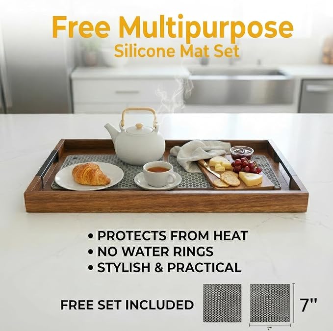 Acacia Wood Serving Tray with Handles, Large Wooden Ottoman & Coffee Table Tray 16.5"x12" with 2 Silicone Mats – Decorative Wooden Serving Tray for Breakfast in Bed, Kitchen, Bar & Home Décor