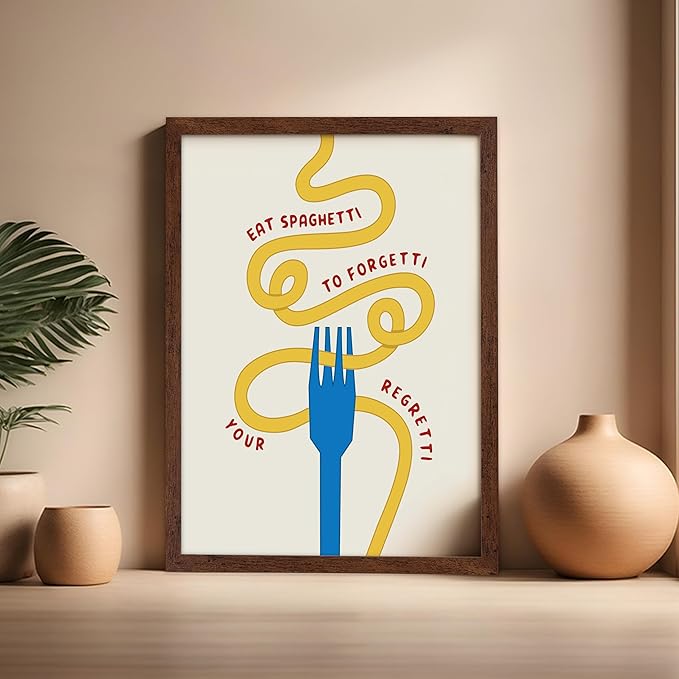 Poster Master Spaghetti Poster - Eat Spaghetti To Forgetti Your Regretti Print - Food & Drink Art - Gift for Chef, Cook - Fun Decor for Restaurant, Kitchen, Dining Room, 16x20 Brown Framed