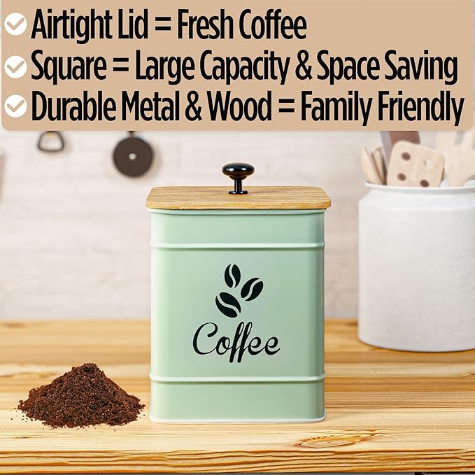 Airtight Coffee Canister - 40 oz Large Iron Sage Green Container Airtight - 6 x 8 inch Metal Jar - Stylish Countertop Container for Coffee Grounds, Beans & Pods with Rubber-Lined Bamboo Lid