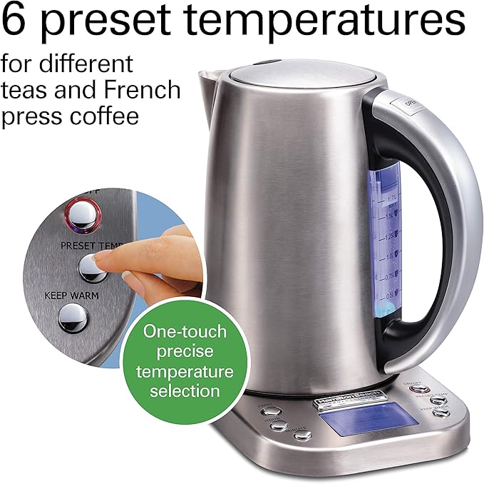Hamilton Beach Professional Digital LCD Temperature Control Electric Tea Kettle, Water Boiler & Heater, 1.7 Liter, Fast Boiling 1500 Watts, Cordless, Auto-Shutoff & Boil-Dry Protection, Silver (41028)