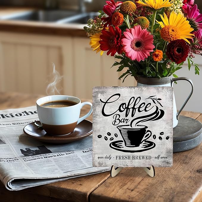 Vintage Coffee Bar Sign Plaque for Coffee Station,Funny Jave Desk Decor for Home or Office,Cafe Shop (Gray, 5.9x5.9inches)
