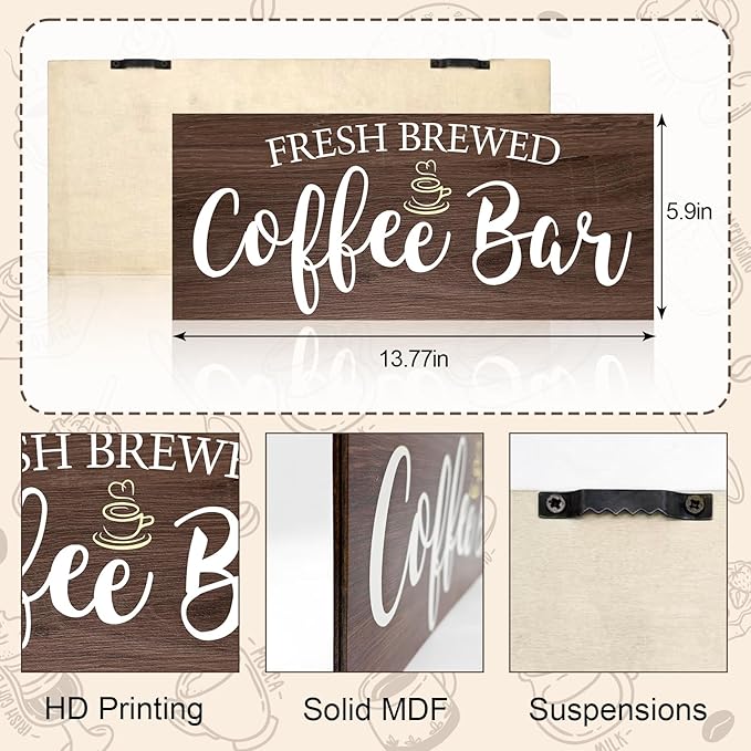 Rustic Coffee Bar Sign Wall Decor - Vintage Wood Grain Hanging Plaque for Kitchen, Cafe Bar Home Housewarming - Farmhouse Style Coffee Station Accessories, Self Serve Fresh Brewed Sign - 13.7x5.9 Inch