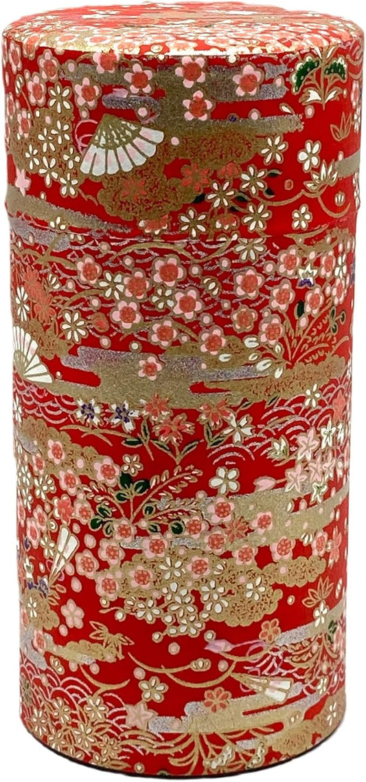 Japanese Tea Canister Tin Hyakkaryoran(Many Flowers Blooming in Profusion) /Double Lid/Japanese YUZEN Washi Paper Pasted /200g Tea Capacity/Loose Leaf Tea Storage/Storage Container with Lid