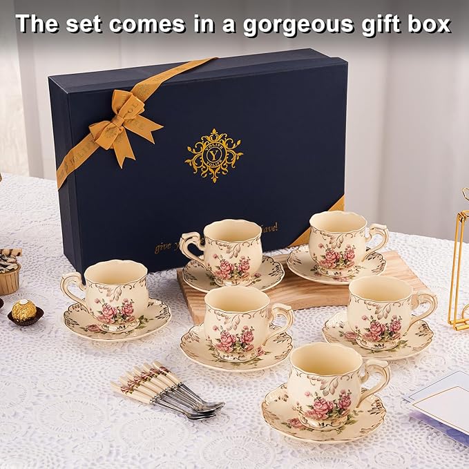 YOLIFE 8 OZ Tea Cups and Saucers Set of 6, Ivory Porcelain Tea Cups Set with Stand, Rose with Gold Leaves Trim Design, Gift for Women (Includes Gift Box, Tote Bag, Greeting Card)