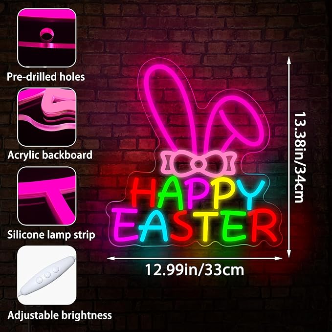 Easter Neon Sign for Wall Decor Dimmable Happy Easter Bunny LED Light Sign Bunny Lamp for Festival Decoration Rabbit Light Festival Decor for Home Shop Party Kids Room Window Size 12.9 * 12.4in(P039)