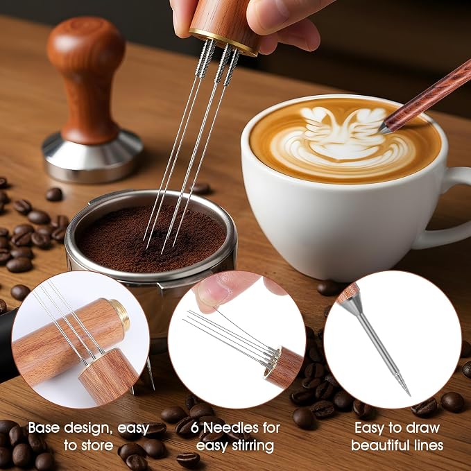 1PCS Espresso Coffee Stirrer, 2PCS Latte Art Pen 6 Needles 0.35mm Espresso Distribution Tools Stainless Steel Coffee Stirring Tool with Wood Handle for Home Cafe Bar Gift - Image 5