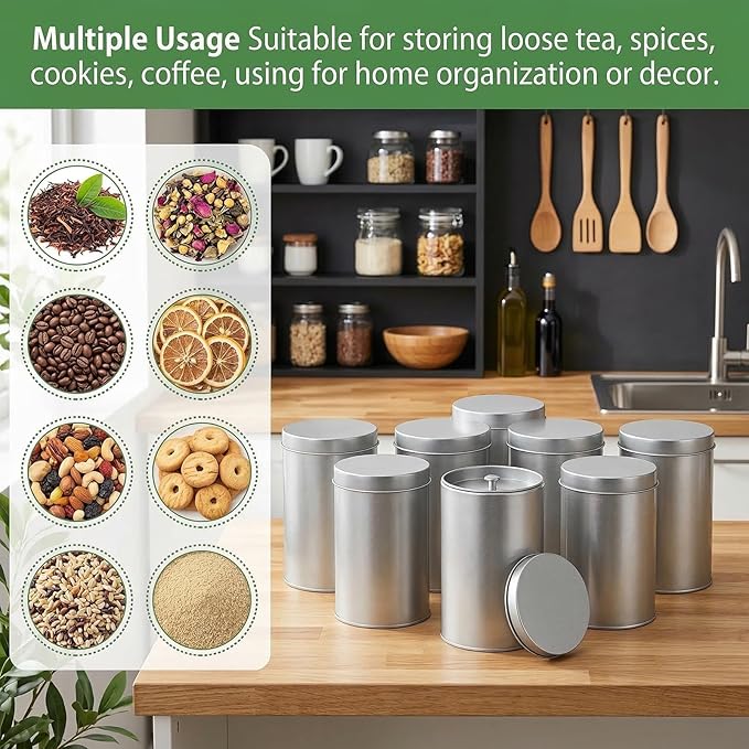 Yesland 8 Pack Tea Tin Canister with Airtight Double Lids, 32 Fluid oz Tea Storage Organizer Tin Can Box Round Loose Leaf Tea Kitchen Canisters for Coffee, Candy, Herbs and Spices(Silver)