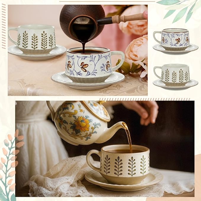 LemonRoad 2 Sets Vintage Tea Cup and Saucer Set Floral Tea Cup with Saucer 10oz Porcelain Vintage Coffee Mugs for Spring Party Birthday Gift Coffee (Leaves and Tang Grass Design)