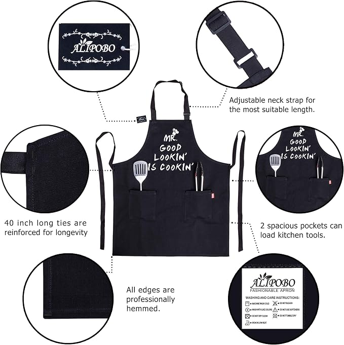 Kitchen Chef Apron - MR. GOOD LOOKIN' IS COOKIN' Funny Aprons for Men Dad - Adjustable Bib Apron with 2 Pockets and 40" Long Ties, Perfect for Cooking, Grilling, BBQ, Baking - Black - Image 5