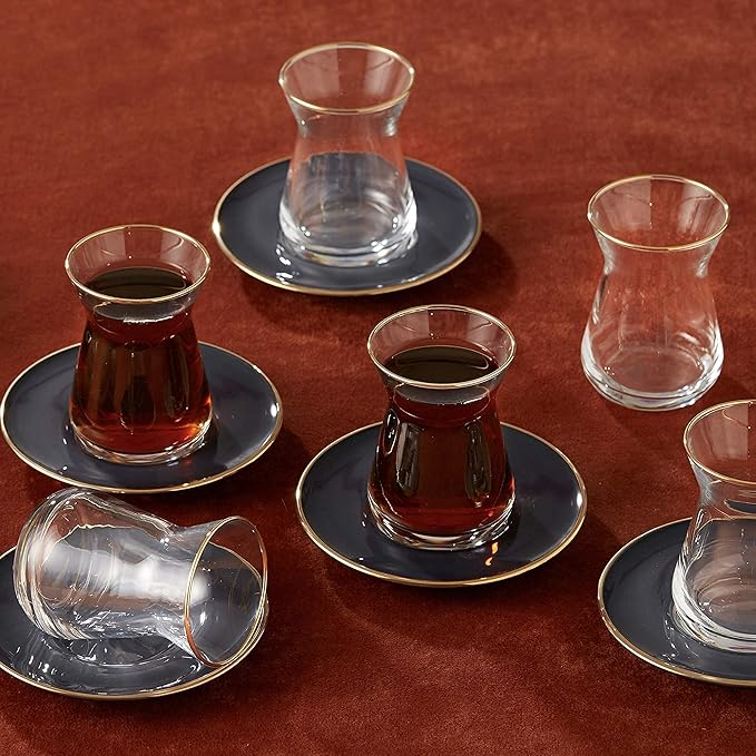 KARACA Turkish Tea Glasses Set for 6, 12-Piece Retro Anthracite Tea Set with Gold Trim, Traditional Turkish Tea Cups, Clear Glass Serving Set for Home & Entertaining