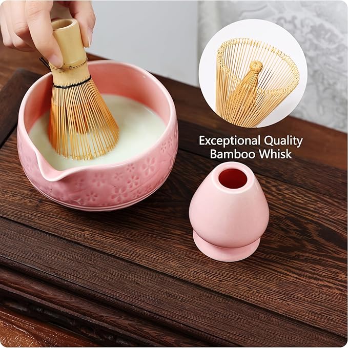 7 Pcs Matcha Whisk Set, Ceremony Matcha Kit with Matcha Bowl, Bamboo Whisk and Holder, Scoop and Scoop Rest, Sifter and Tea Towel, Gift for Matcha Lovers (Pink/Cherry Blossom-Patterned)