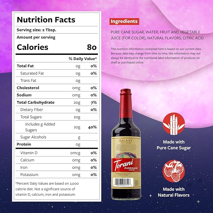 Torani Puremade Syrup, Galaxy, 2024 Flavor of the Year, Glass Bottle with Pump Included, 25.4 Fl Oz