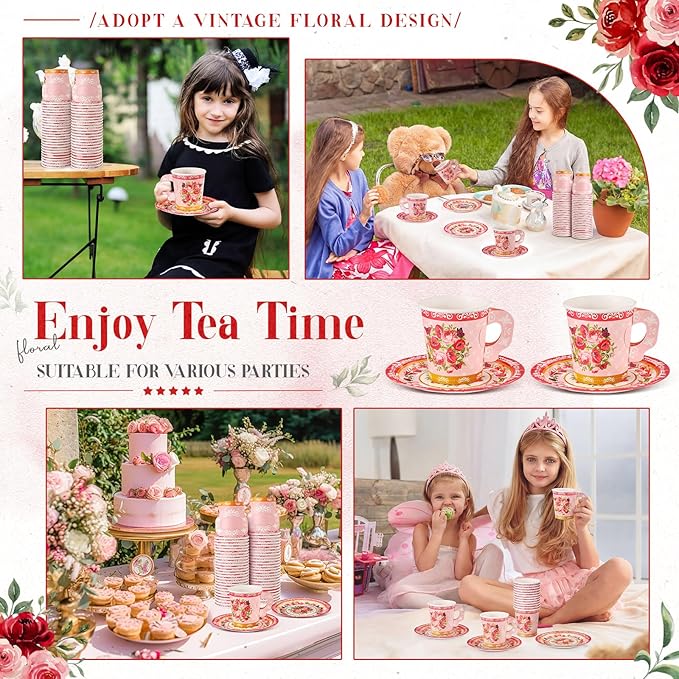 Nuogo 200 Pcs Floral Paper Tea Cups and Saucers 7 oz Disposable Tea Party Decorations Vintage Cute Paper Cups and Plates with Handles for Girls Wedding Baby Bridal Shower, Serve 100(Red)