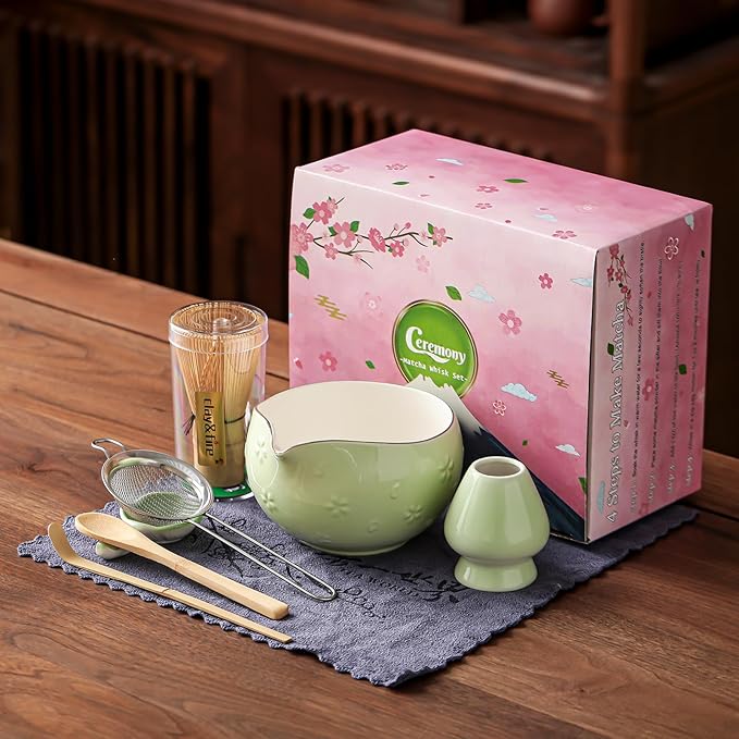 Clay&Fire Matcha Whisk Set, 9 pcs Ceramic Matcha Set, Gifts for Women,Matcha Bowl with Spout and Whisk, Matcha Kit for Matcha Lovers, Ideal Gift Christmas, Birthday, Anniversary (Cherry Bloom-Green)