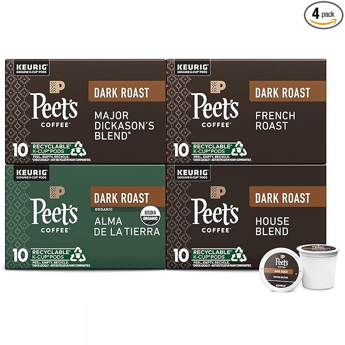 Peet's Coffee, Keurig K-Cup Pods Dark Roast Variety Pack, 100% Arabica Coffee - Major Dickason's Blend, French Roast, Organic Alma De La Tierra, House Blend, 40 Count (4 Boxes of 10 K-Cup Pods)