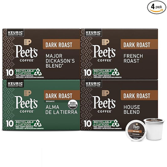 Peet's Coffee, Keurig K-Cup Pods Dark Roast Variety Pack, 100% Arabica Coffee - Major Dickason's Blend, French Roast, Organic Alma De La Tierra, House Blend, 40 Count (4 Boxes of 10 K-Cup Pods)