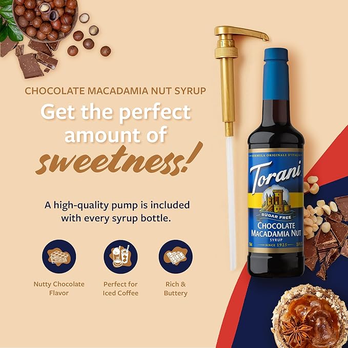 Torani Sugar Free Coffee Syrup, Chocolate Macadamia Nut Flavored Syrup for Drinks, Zero Calorie, Pump Included, 25.4 Fl Oz