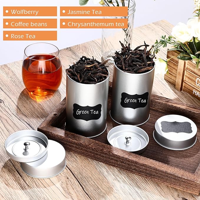 Tanlade 6 Pcs Tea Tin Canister with Airtight Lid,14 oz Tea Storage Tins with 1 Erasable Chalk Marker and 16 Stickers for Loose Leaf Coffee Sugar Metal Round Containers Can Double Sealed