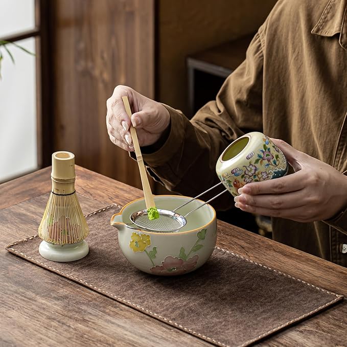 Matcha Set, Matcha Whisk Set Includes Hand-Drawn Matcha Bowl with Spout, Bamboo Whisk, Matcha Whisk Holder, Bamboo Scoop, Sifter - 5pcs Perfect Matcha Kit for Matcha Tea Ceremony