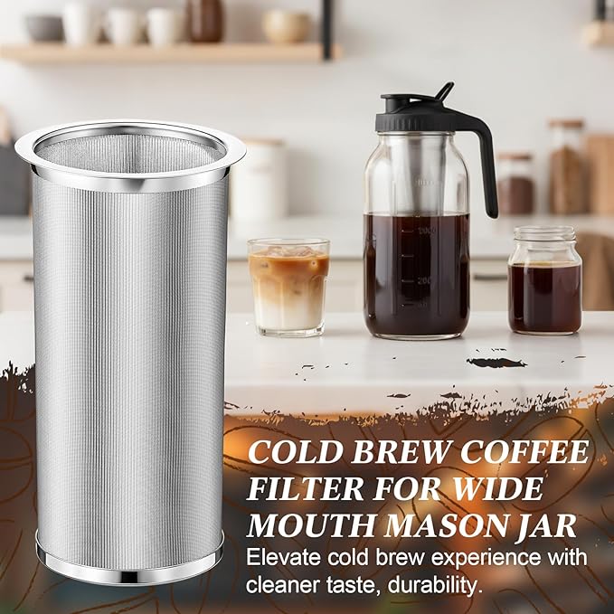 Cold Brew Coffee Filter with Brush Tea Infuser Strainer for 32 Oz/1 Quart Wide Mouth Mason Jar 304 Stainless Steel Food Grade Filter with Sealing Ring for Iced Drink Fruit Tea Coffee Maker