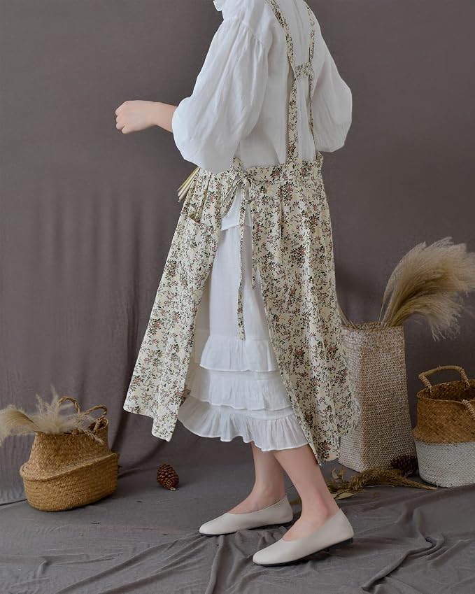 Japanese Cotton Linen Cross Back Apron with Pockets,Fashion Pinafore Dress for Gardening Painting Cleaning Cooking - Image 4